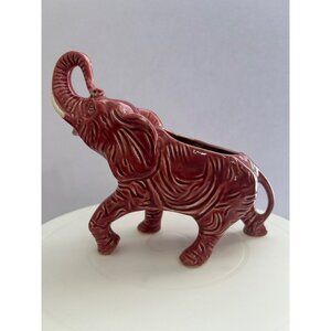 Vintage Maroon Ceramic Elephant Planter Decorative Figurine Trunk Up MCM